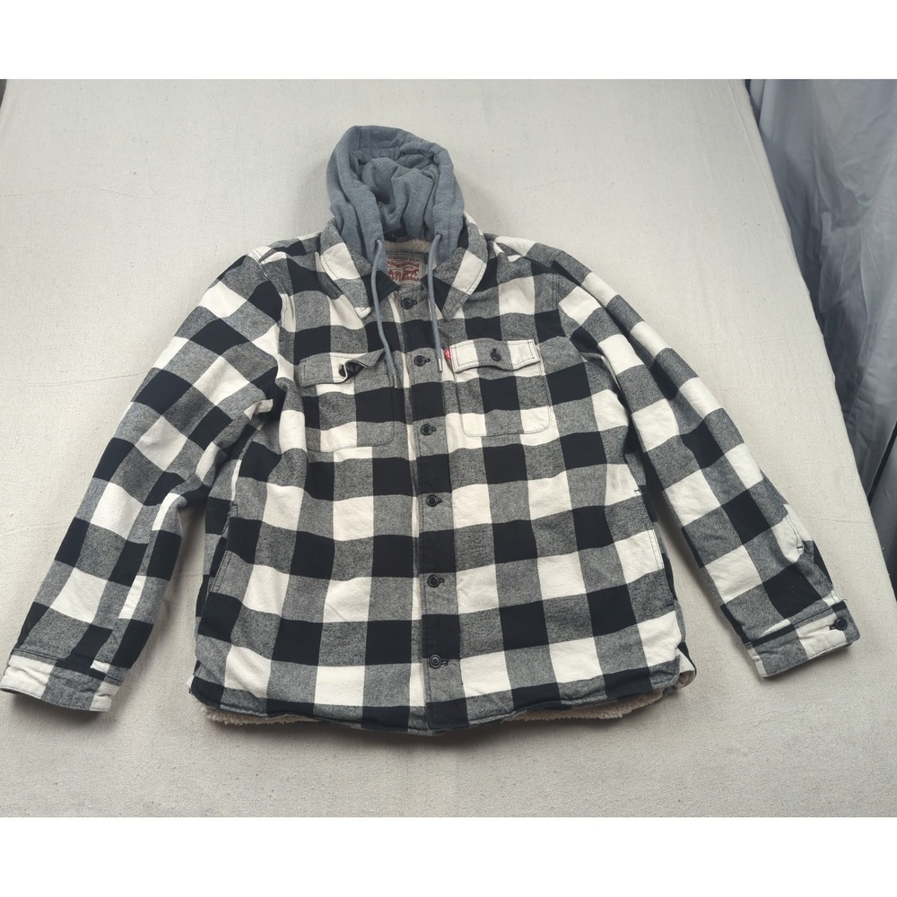 Levis Flannel Jacket Mens Large Black Plaid Sherpa Hooded Shacket Zip Button Up